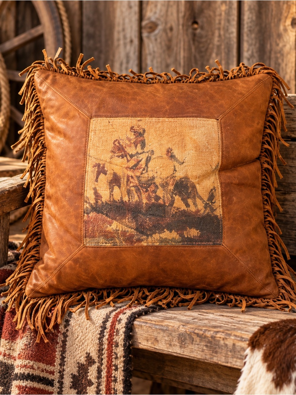 Vintage Double D Ranch Home Collection Leather Fringe Pillow